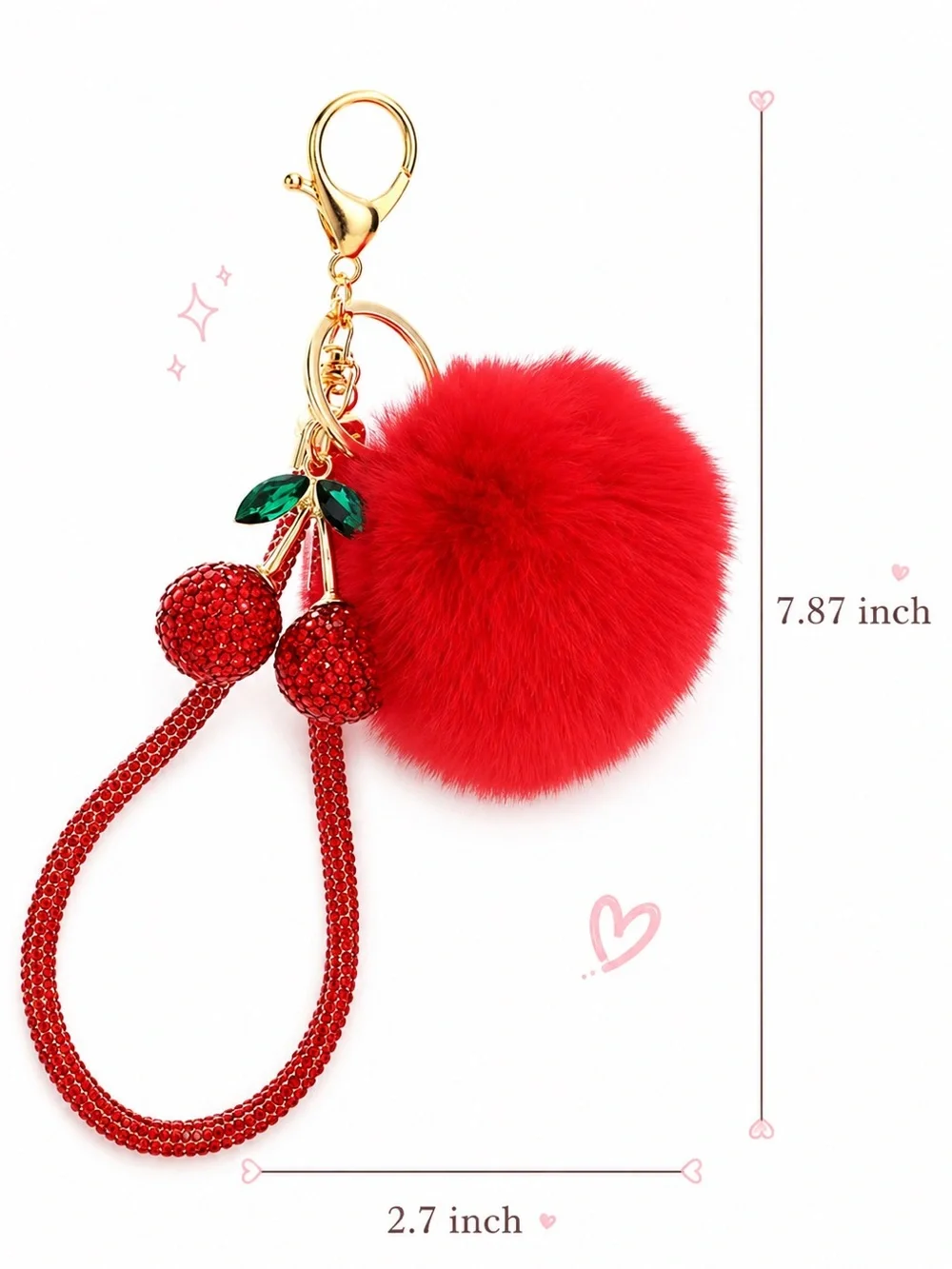 Red Cherry Pom Pom Bag Charm Wristlet Keychain